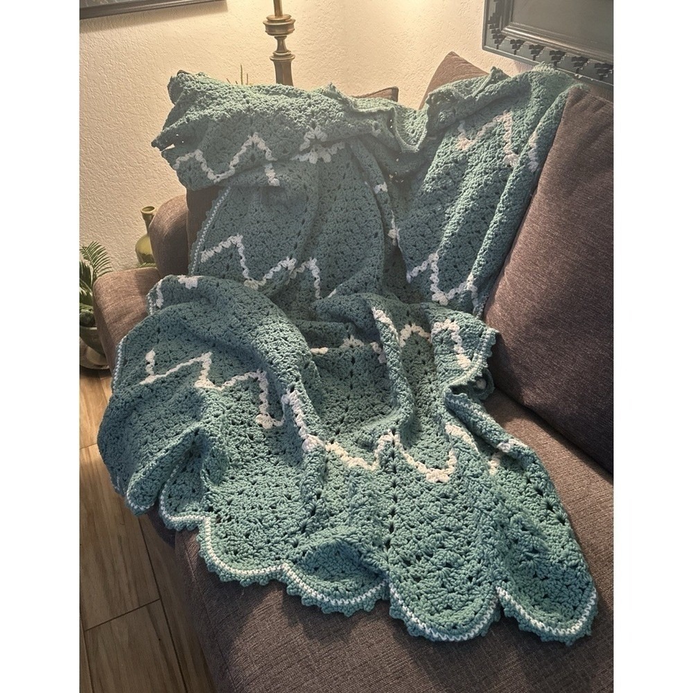 Hand Crocheted seafoam Green Afghan Ruffle 50" x 72" Blanket Throw